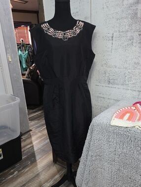London Times Black Midi Dress with Beaded Neckline